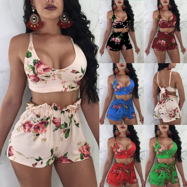New Arrive Ladies Two Piece Bra Top Casual Summer Floral Suitlong