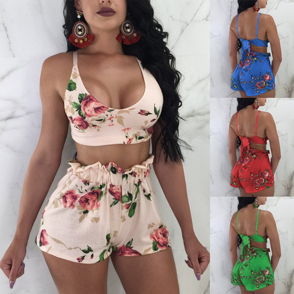 Europe Style Women Floral Print Sexy Crop Top and Shorts Summer Outfits