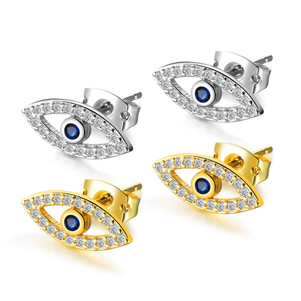 Vintage Blue Sapphire Evil Eye Stud Earrings Gold/White Gold Party