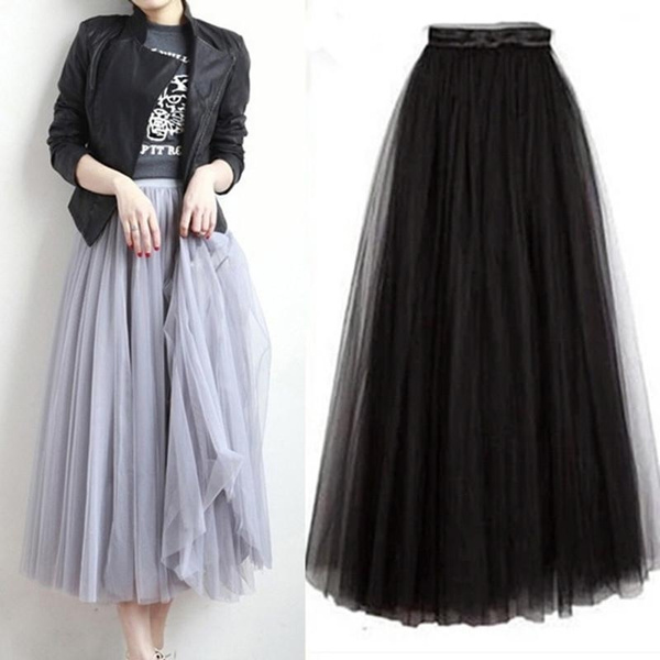 Ladies Women Tulle Mesh Skirt High Waist 3 Layers Pleated Skirt