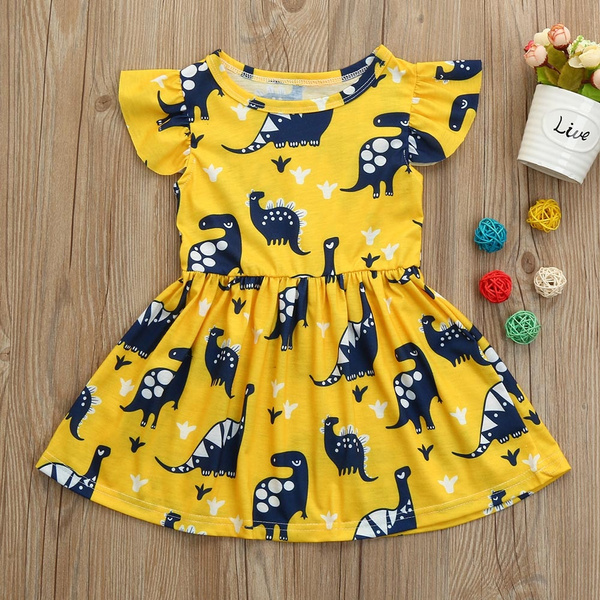 Toddler Kid Girl Short Sleeve Dinosaur Printing Party Dress Outfits