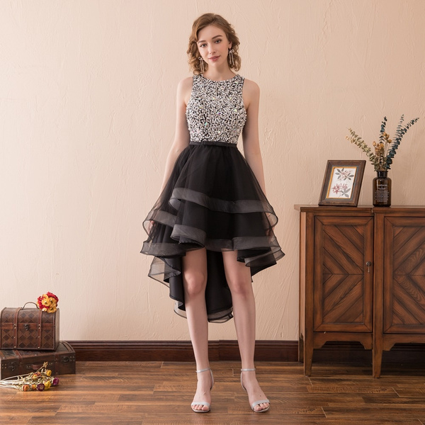 Black Short Prom Dress Beading Short Front Long Back Junior School