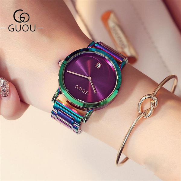 GUOU Reloj Mujeres Moda Colorida Dama De Acero Inoxidable Reloj De Lujo Relojes De Mujer Exquisita Con Caja De Regalo