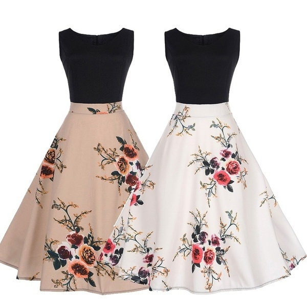 Womens Elegant Vintage Floral Print Sleeveless Rockabilly Rose Printed ...
