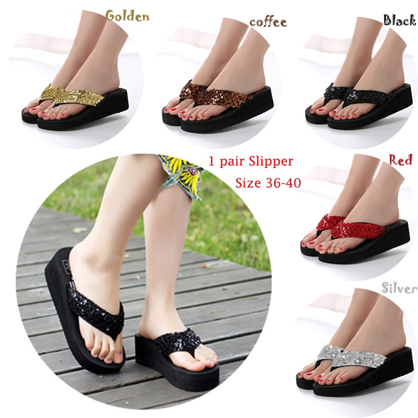 Hanxue Womens Glitter Chunky Wedge Flip-Flops Sandals 