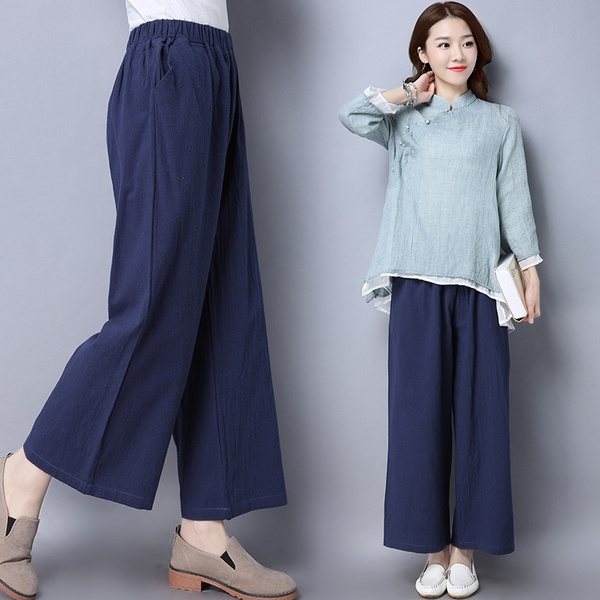 New Women Lady Linen Cotton Loose Wide Leg Pants Casual Long Trousers  Japanese Chinese