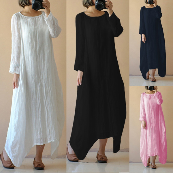 Women Vintage Cotton Linen Dress Casual Loose Long Sleeve Round Neck  Irregular Hem Long Maxi Dress Kaftan