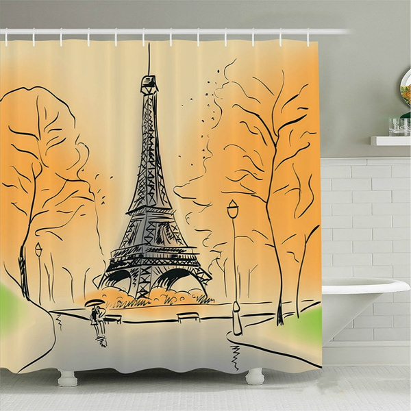 Paris City Decor Collection Paris Eiffel Tower With Autumn Leaves In Artistic Sketching Effect Holiday Landmark Image Polyester Fabric Bathroom Shower Curtain Set With Hooks Wish