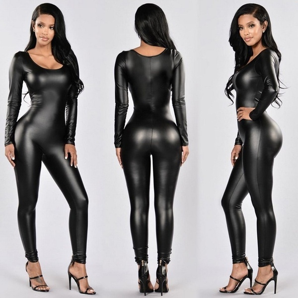 Lady Black Leather Latex Catsuits Low Cut With Zipper Open Crotch Elastic  Wetlook PU Leotard Bodysuit Bar Clubwear