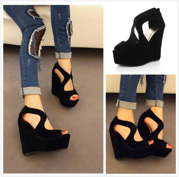 NEW OUT HIGH PLATFORM SHOES HIGH WEDGE SHOES BLACK WEDGE SHOES        ENVY D3415