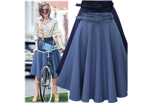 Women's Summer Retro High Waist Denim Flare Midi Skirt with Belt