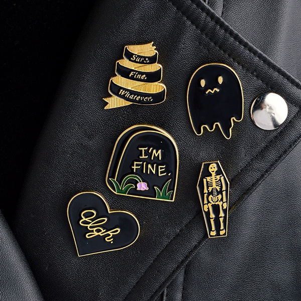 Halloween Tombstone Coffin Skull Ghost Sure,Fine,Whatever,I'm Fine Goth  Punk Pins Brooches Badges Lapel Pin Gothic Pin