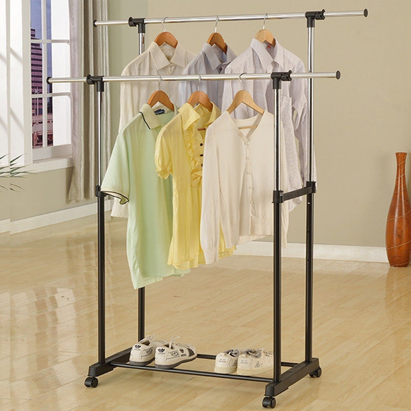 Indoor or Outdoor Rolling Portable Adjustable Clothes Rack Double Bar
