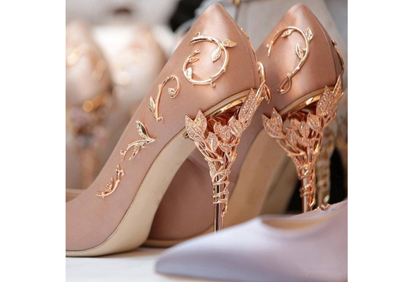 Elegant Silk Women Pumps Leaves Heel High Heels Rhinestone Flower Wedding  Shoes Brand Design Pointed Toe