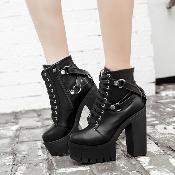 Fashion Women High Heel Lace Up Ankle Martin Boots Ladies Buckle Platform Shoes 