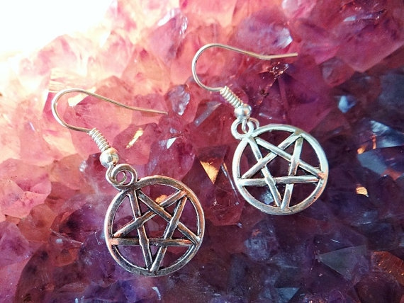 Handmade Silver Pentagram Angelwing Dreamcatcher Drop Earrings - Wicca Pagan Witch Jewelry Gift