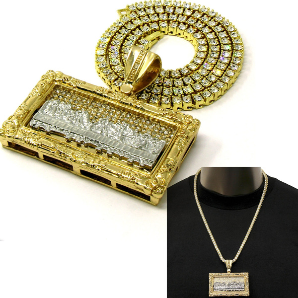 Mens 14K Gold Plated HipHop XL Last Supper Pendant w/ 24" 1 Row Lab