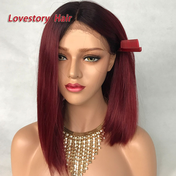 Short Bob Wig Black Root Red Hair Synthetic Lace Front Wigs for