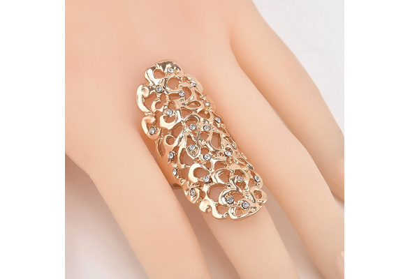 Charm Rhinestone Full Finger Joint Chain Knuckle Armor Hollow Ring Gold Gift