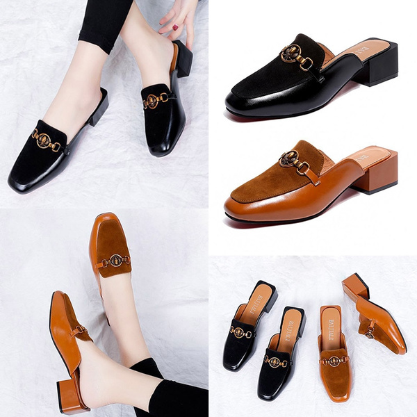 Women's Real Leather Backless Loafer Slipper Mule Slide Shoes Slip On Round Toe 