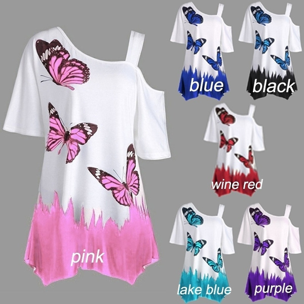 F_Gotal Womens Casual Tops Short Sleeve Butterfly Printed Cold Shoulder Loose Tunic T Shirt Blouse Tops for Teen Girls