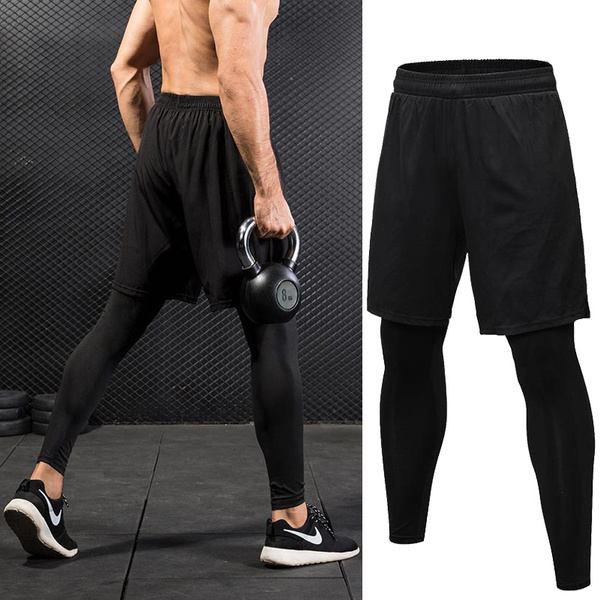 Mens Leggings with Shorts Compression Running Sports Long Pant GYM Tight  Trouser