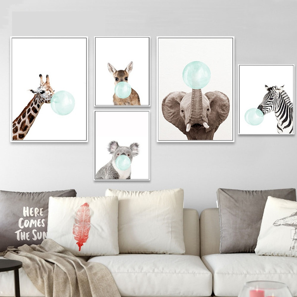 Elephant Giraffe Canvas Poster Cartoon Nursery Wall Art Print Kids Bedroom Decor 