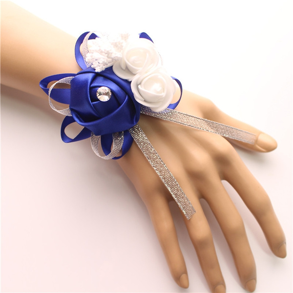 Blue Handmade Party Decoration Wrist Flowers Rose Bouquet Wedding Corsages 