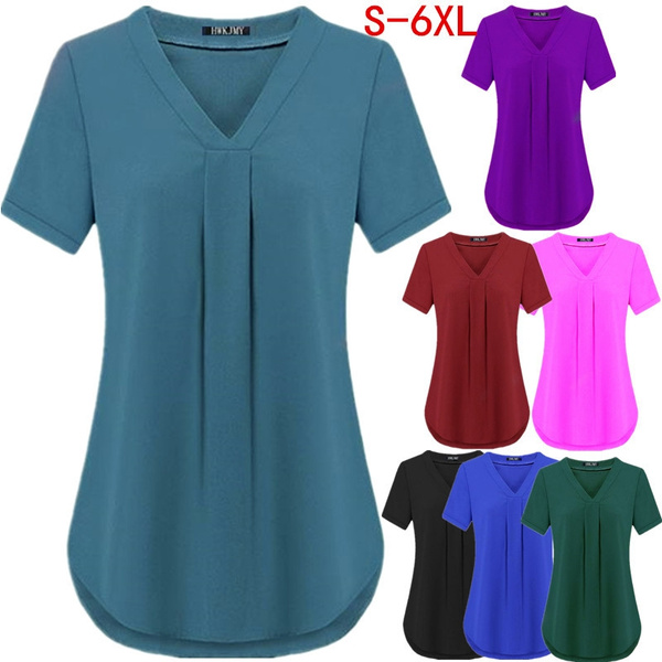 Women's Plus Size Loose V-Neck Short Sleeve Solid Top Pleated Blouse T-shirt