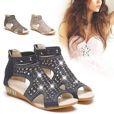 Spring Summer Women's New Rhinestone Sandals Metal Hollow-out Roman Wedge Shoes(Black,Gold,Beige) Best Sale