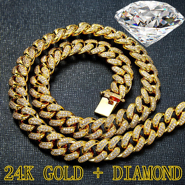 High Quality Cool Mens Necklace 24K Gold Plate Miami Cuban Link Chain  Necklace and Bracelets with Diamond Clasp Lock(Color:Gold/Silver  Size:8.27in/20in/24in/28in)