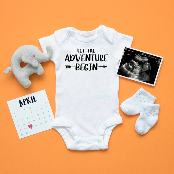 Let the adventure begin Bodysuit Pregnancy announcement baby reveal Funny onesie Baby shower gift new parents new baby baby onesie