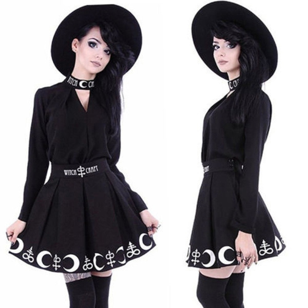 Restyle Witchcraft Moon & Occult Symbol Black Elegent Pleated Gothic Witch Skirt 