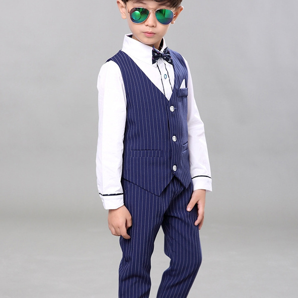 3pc Baby Toddler Teen Boy Formal Black or Navy Pants & Tie White