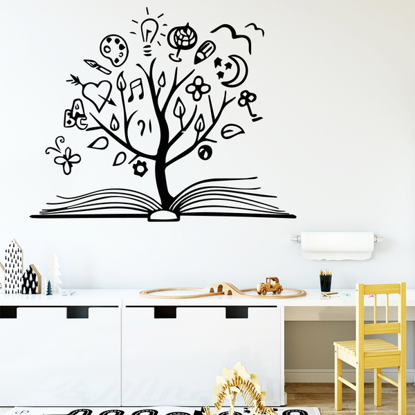 ROFARSO Large Tree Sloth Books Vinyl Wall Stickers Removable PVC Wall Decals Art Decorations Decor for School Library Bedroom Living Room Murals 