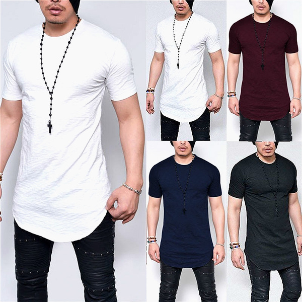 Men's Casual Stretchy Extended Longline Curve Hem T-shirt Streetweer Hip  Hop Long Sleeved T Shirts