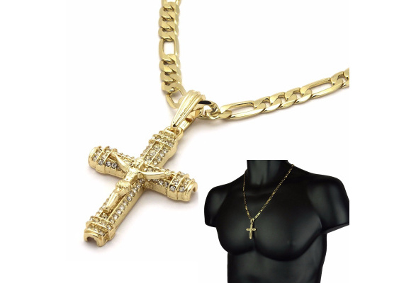 Mens 14k Gold Plated High Fashion Jesus Anchor Pendant 5mm 24" Inch Figaro chain