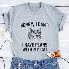 Sorry, I Can't I Have Plans With My Cat Shirts For Women Funny Cat Graphic T-shirt Short Sleeve Lady Tops Clothes