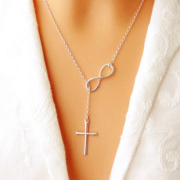 Sterling Silver 18 inch to 20 inch Adjustable Half Cubic Zirconia Infinity with Hanging Cubic Zirconia Cross Necklace 