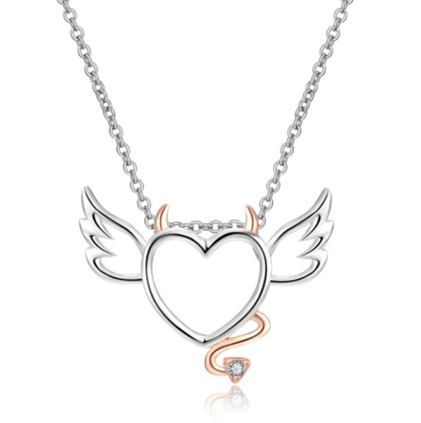 925 Silver heart shaped Devil Angel Pendant Diamonds Necklace | Wish