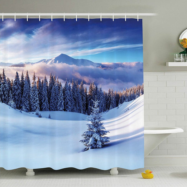 Fabric Shower Curtain Set Winter Pine Forest Snow Scene Bathroom Decor Hooks 