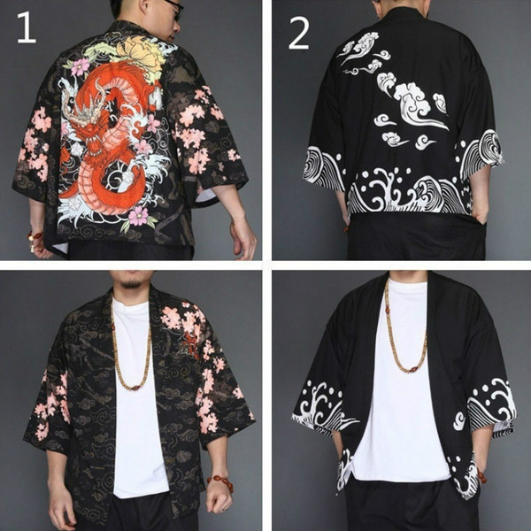 Men Japanese Yukata Coat Kimono Outwear Retro Loose Top Black Dragon Fashion Tee 