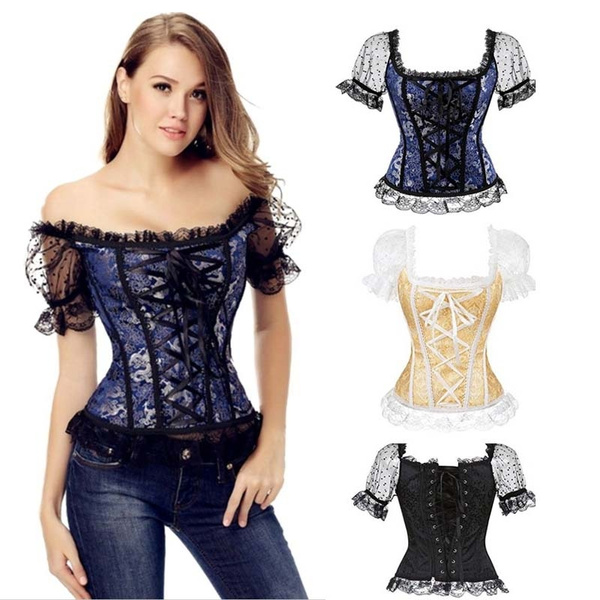 Gothic Lace up Boned Corset Overbust Bustier with Lace Sleeves