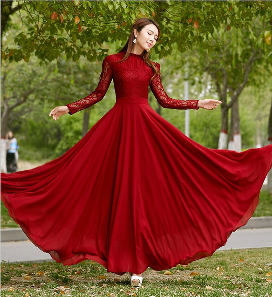 red lace chiffon gown dress