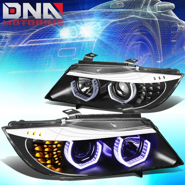 DNA Motoring HL-3D-E9005-BK-B For 2005 to 2008 BMW E90 3-Series 3D Blue LED  Halo Ring Projector Headlight Black Housing Amber Corner Headlamp 06 07 06 