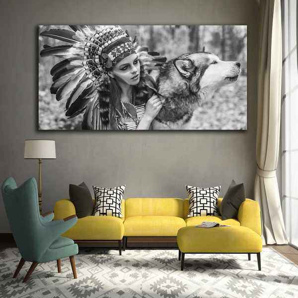 Modern Black And White Painting Native American Indian Girl Wolf Monochrome Picture Poster Canvas Wall Art Home Decor Wish - Native American Indian Home Decor