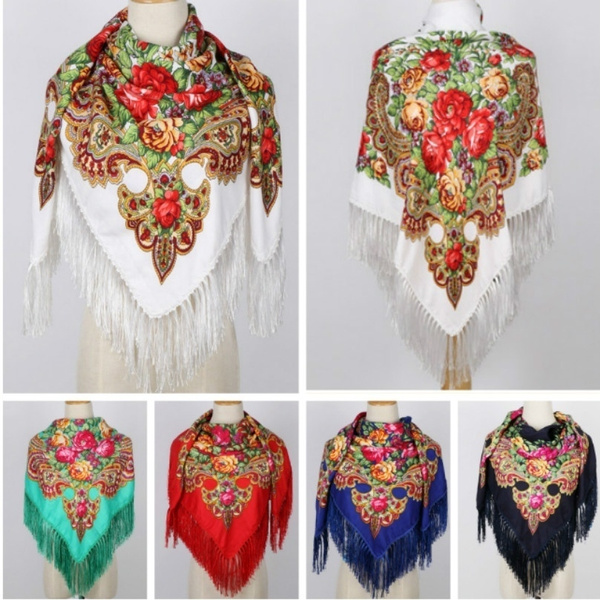 Vintage Style Floral Patterned Scarves With Tassels Cotton Russian Scarf 