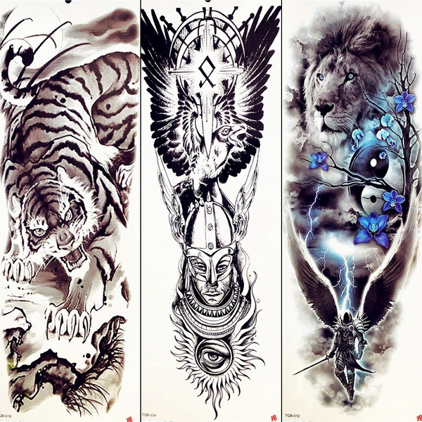 Tribal Warrior Tiger Mountain Full Arm Temporary Tattoo Sticker Women Eagle  Wing Black Lion Dark Night Waterproof Fake Tatoo Men | Wish