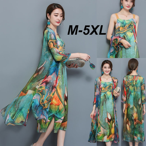 Two Piece Plus Size Printed Chiffon Multi-color Maxi Dresses | Wish