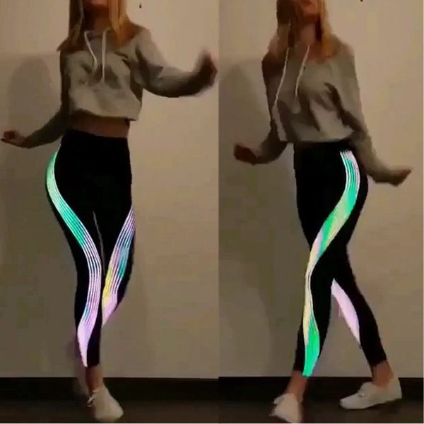 Fashion Women Sport Workout Yoga Pant Shiny Striped Iridescent Reflective  Material Printed High Waist Slim Black Leggings Running Pant